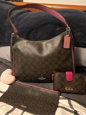 Coach Brown Signature Hobo Shoulder Bag with Pink Trim and Matching Wallets